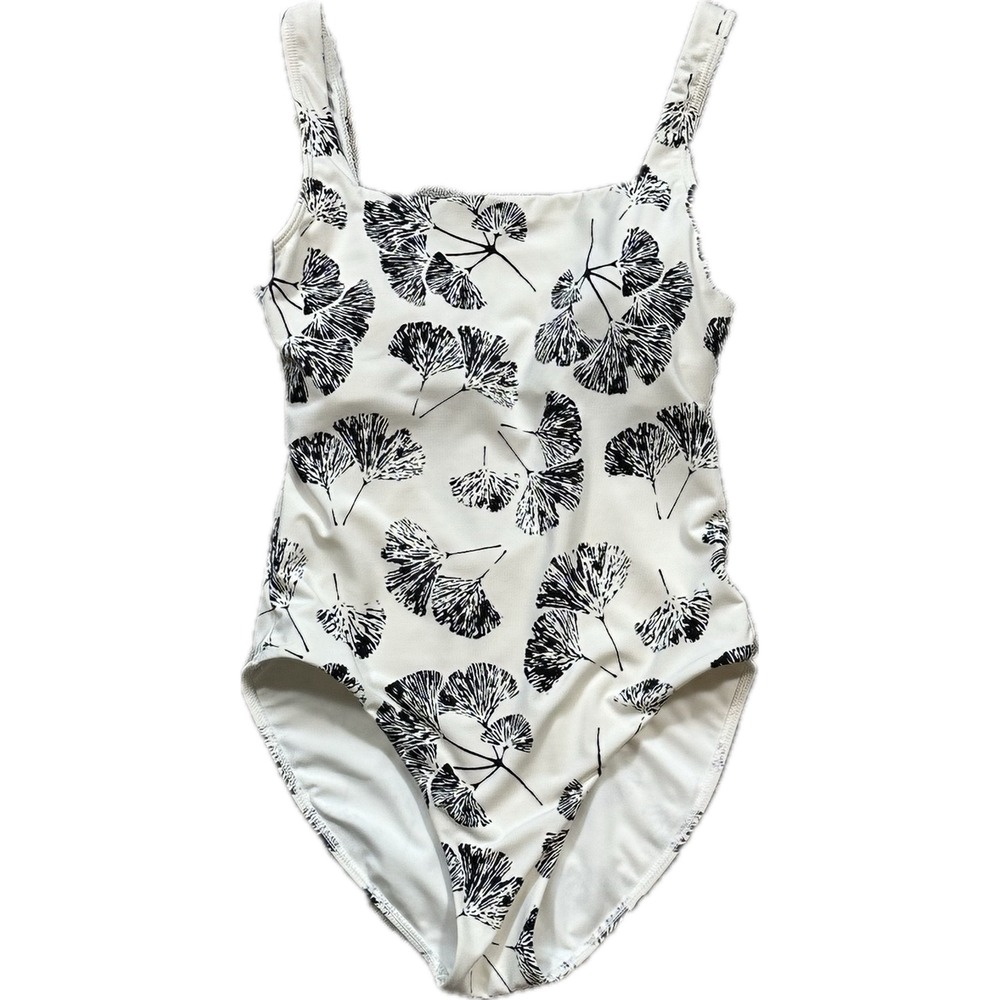 Carve Designs One Piece Swimsuit Ginkgo Leaf Print XS White Black Square Neck